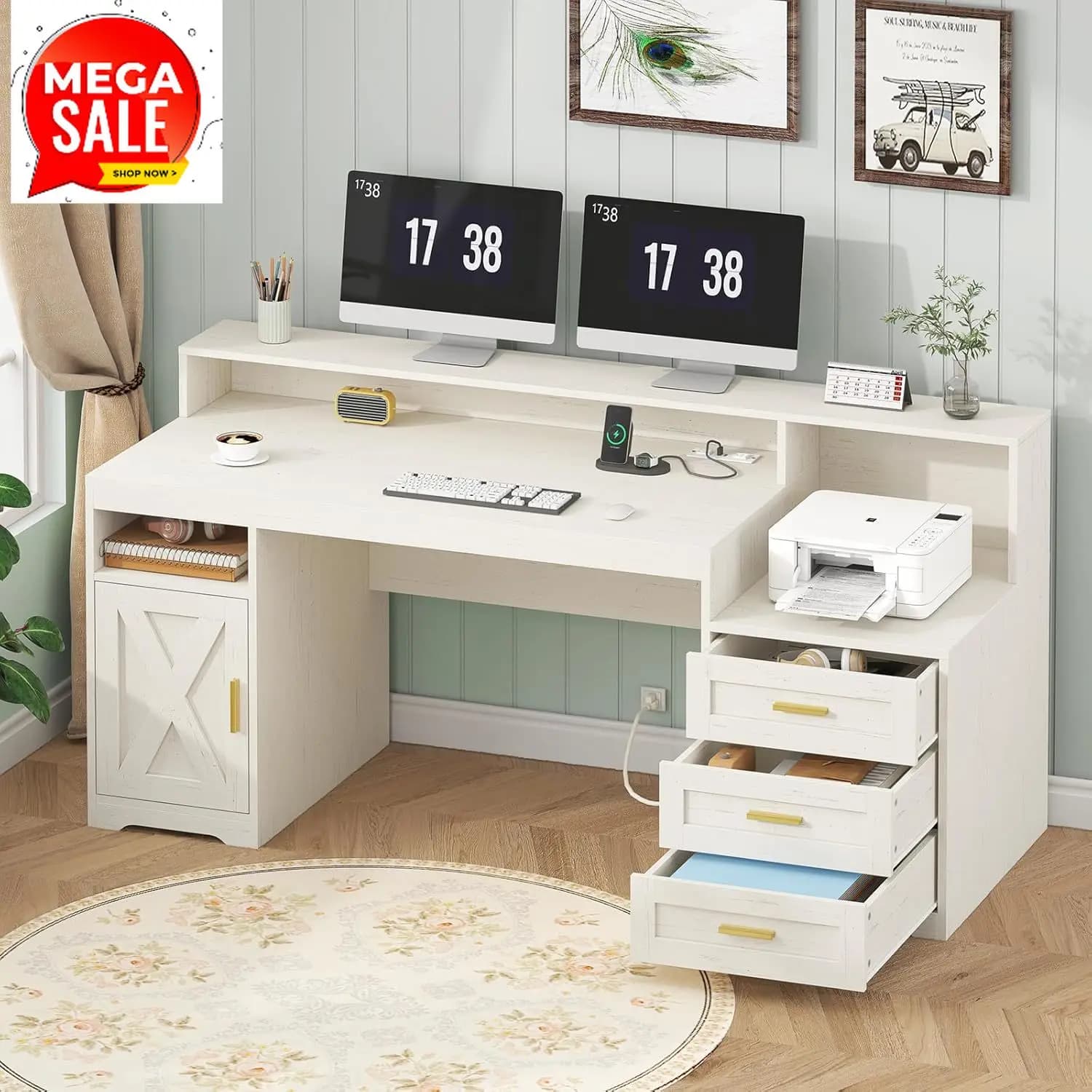 Desk by Office White Farm Style from 65 Inches with Drawers, Current Grips, Storage Cabinet, Support for Printer and Monitor, for Study and Writing