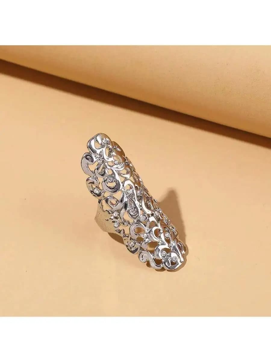 Elegante anello lungo a forma di fiore cavo con strass per donna, accessorio per feste e matrimoni