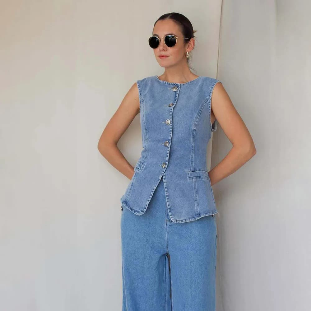 Fashion Denim Trousers Pants Sets Women Summer 2025 Casual Slim Vest And Wide Leg Baggy Jeans Two Piece Sets