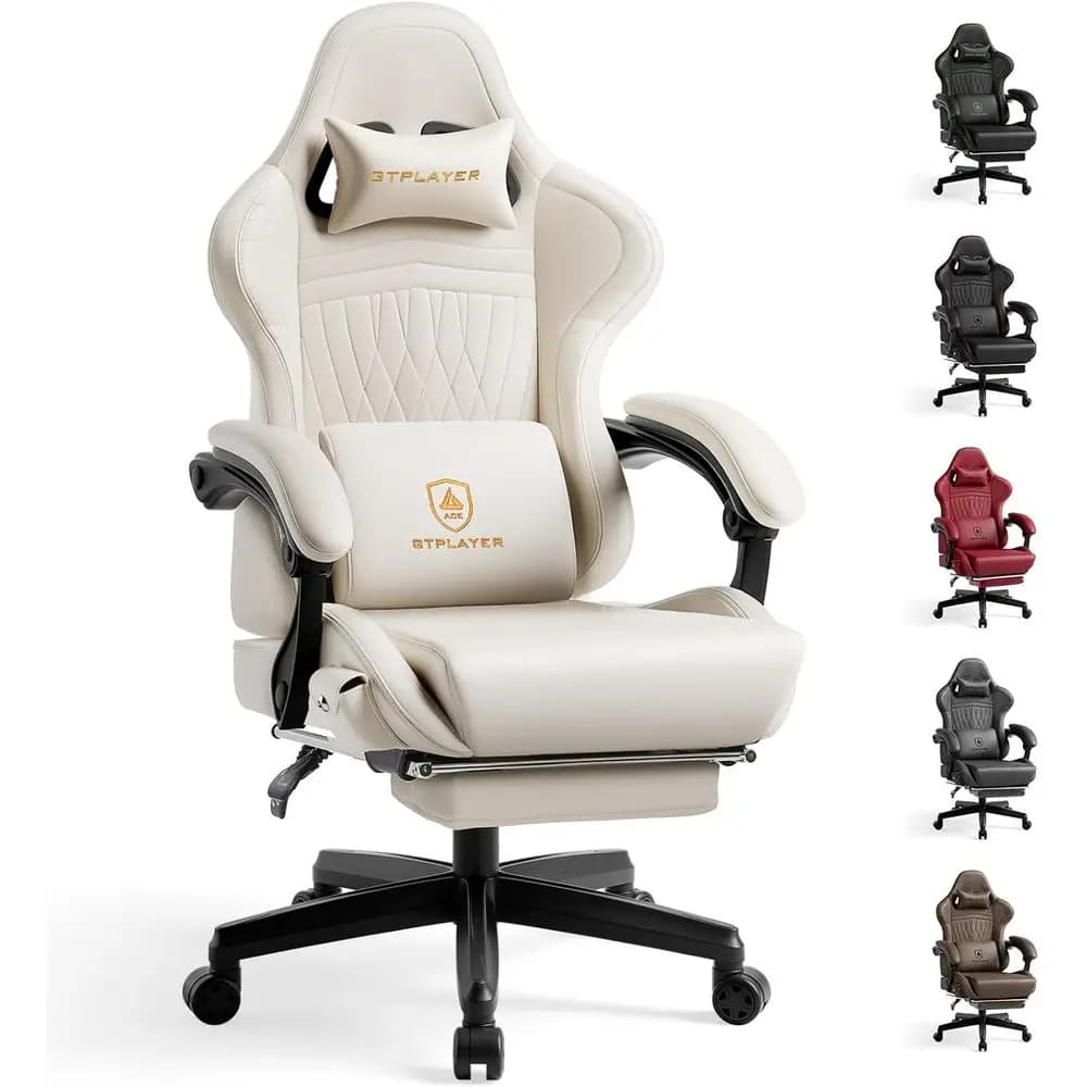 Sedia da Gaming Ergonomica Reclinabile con Altoparlanti e Poggiapiedi per Adulti - Schienale Alto, Imbottita, Braccioli Collegati, Avorio