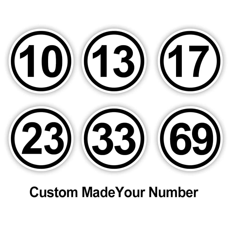 Sfondo bianco Custom Made Racing Number 10 11 13 17 23 69 77 in Circle Car Sticker adesivi impermeabili per casco moto