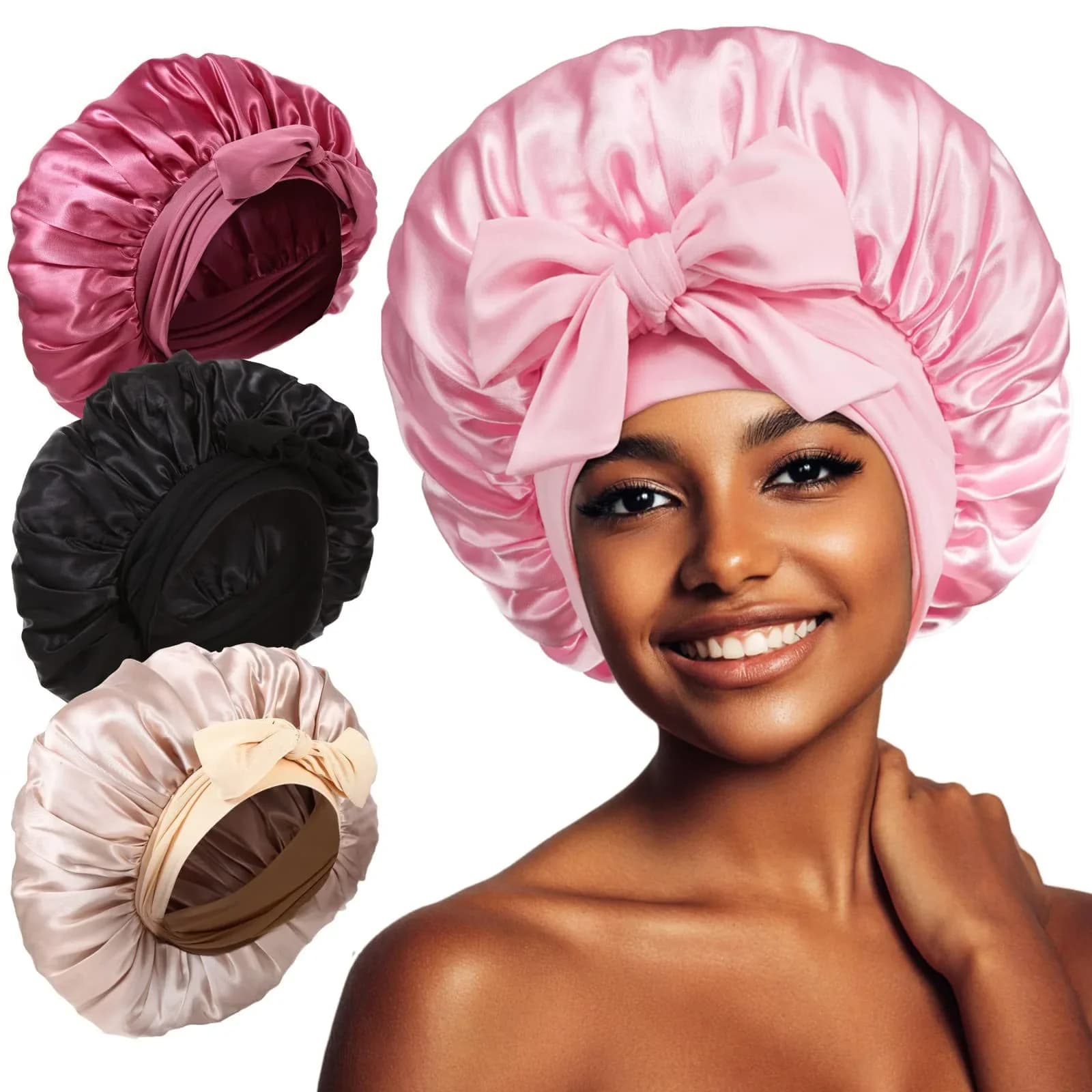 Women Satin Tie Bonnet Spandex Wide Stretchy Band Long Tail Satin Cheveux Nuit Silk Sleeping Night Cap Bonnets for Women