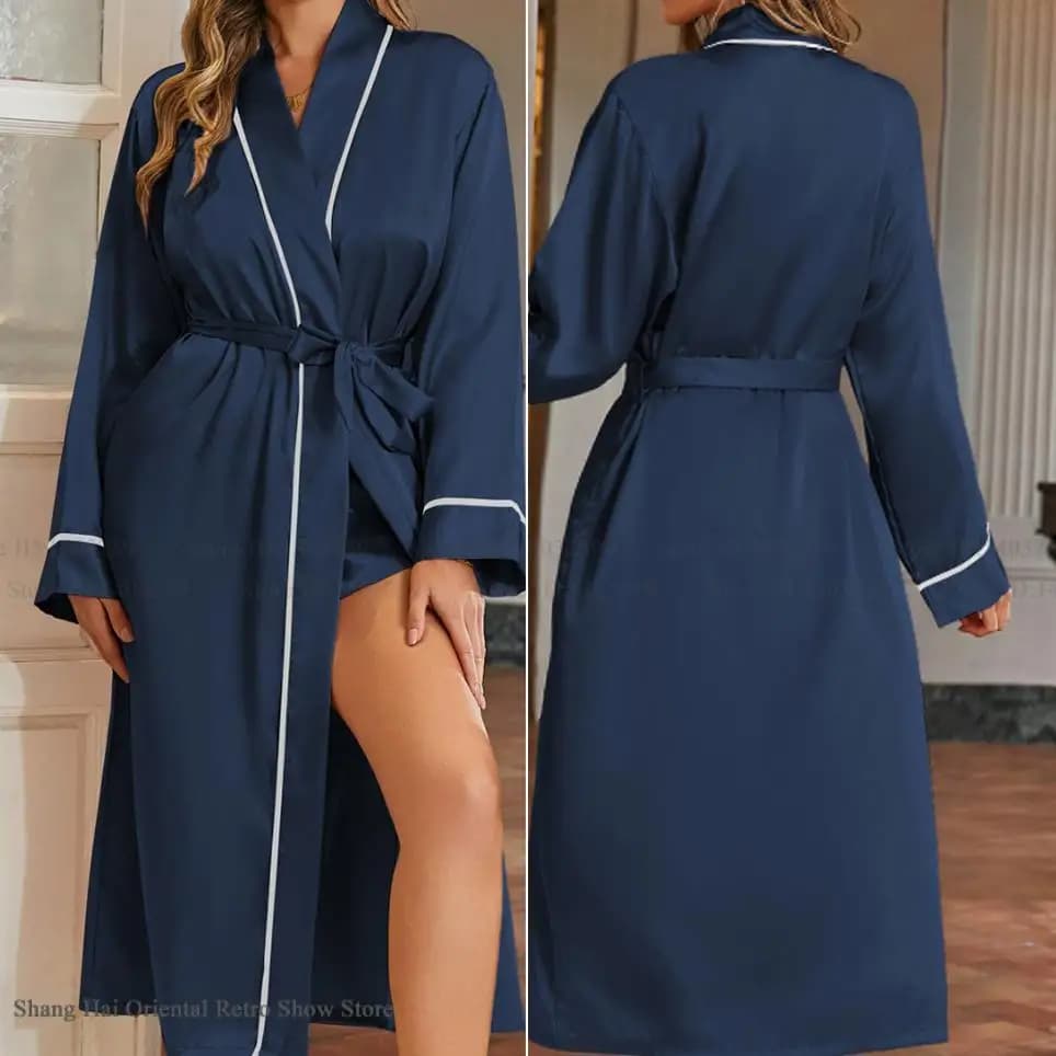 Women Long Robe Kimono Bathrobe Gown Sexy Ice Silk Sleepwear Home Dressing Gown Loose Casual Loungewear Elegant Morning Negligee