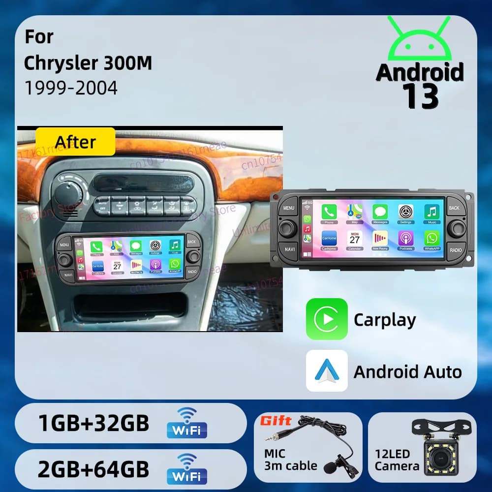1 Din Radio GPS Android 13 Car Multimedia for Chrysler 300M 1999-2004 6.86" Screen Wireless Carplay Autoradio Head Unit Stereo