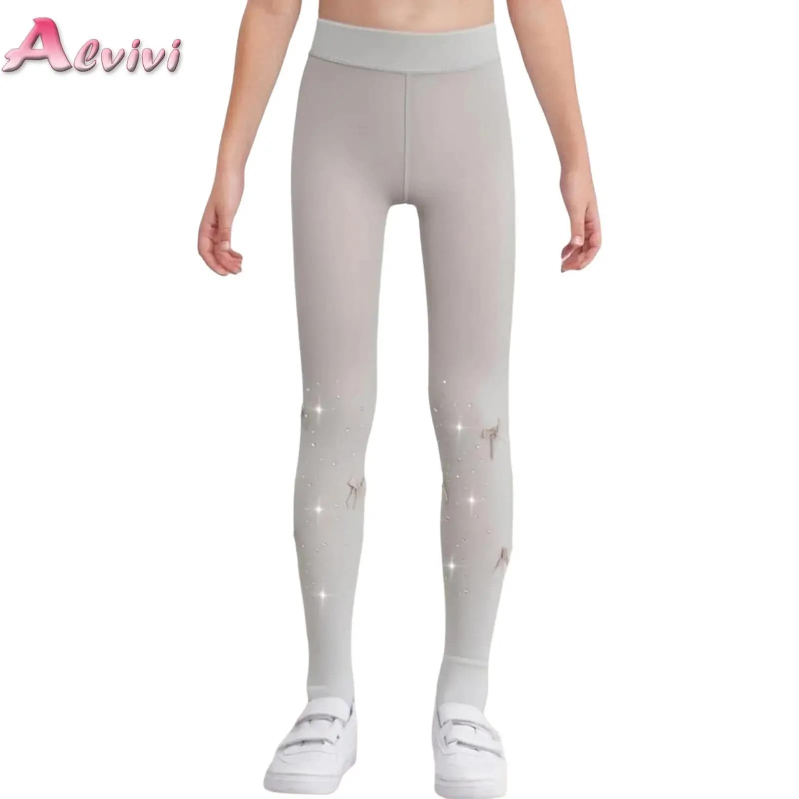 Collant da Balletto per Bambine con Fiocchetti e Strass, Leggings Leggeri a Tinta Unita, Accessori per Pattinaggio Artistico e Danza