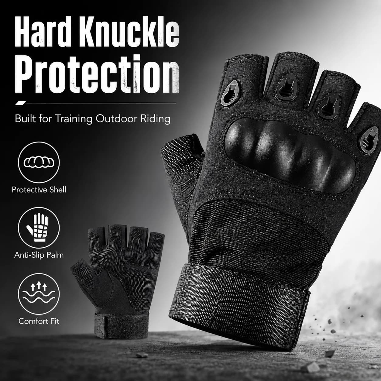 Tactical Fingerless Gloves for Men Women, Half Finger Gym Cycling Gloves with Knuckle Pads, Wrist Strap, Anti-Slip Grip for Bike
