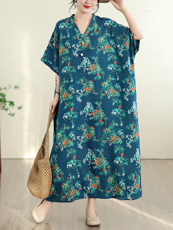 Retro Vacation Style V-Neck Print Dress Women's Summer New Loose Age-Defying Versatile A-Line Casual Cotton Linen Long Dress