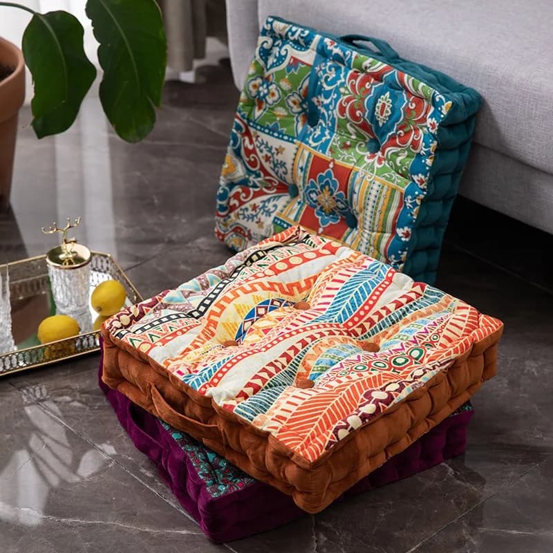Vintage Bohemian Style Extra Thick Square Floor Cushion Printed Fabric Seat Pad for Window Bench Tatami and Meditation Pouf