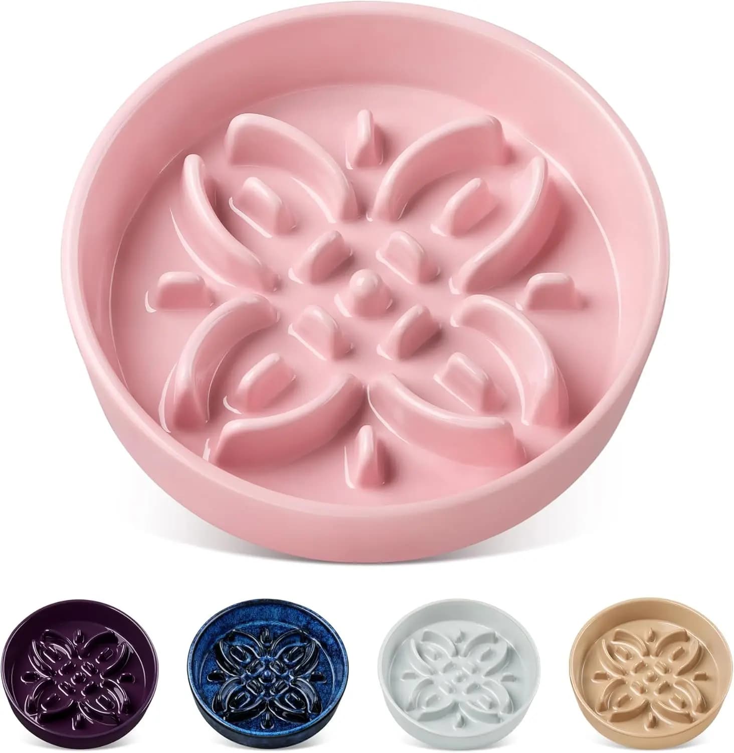 Ciotola in Ceramica per Cani con Labirinto Floreale, Piatto Antiscivolo per Alimenti per Razze Piccole, Rosa