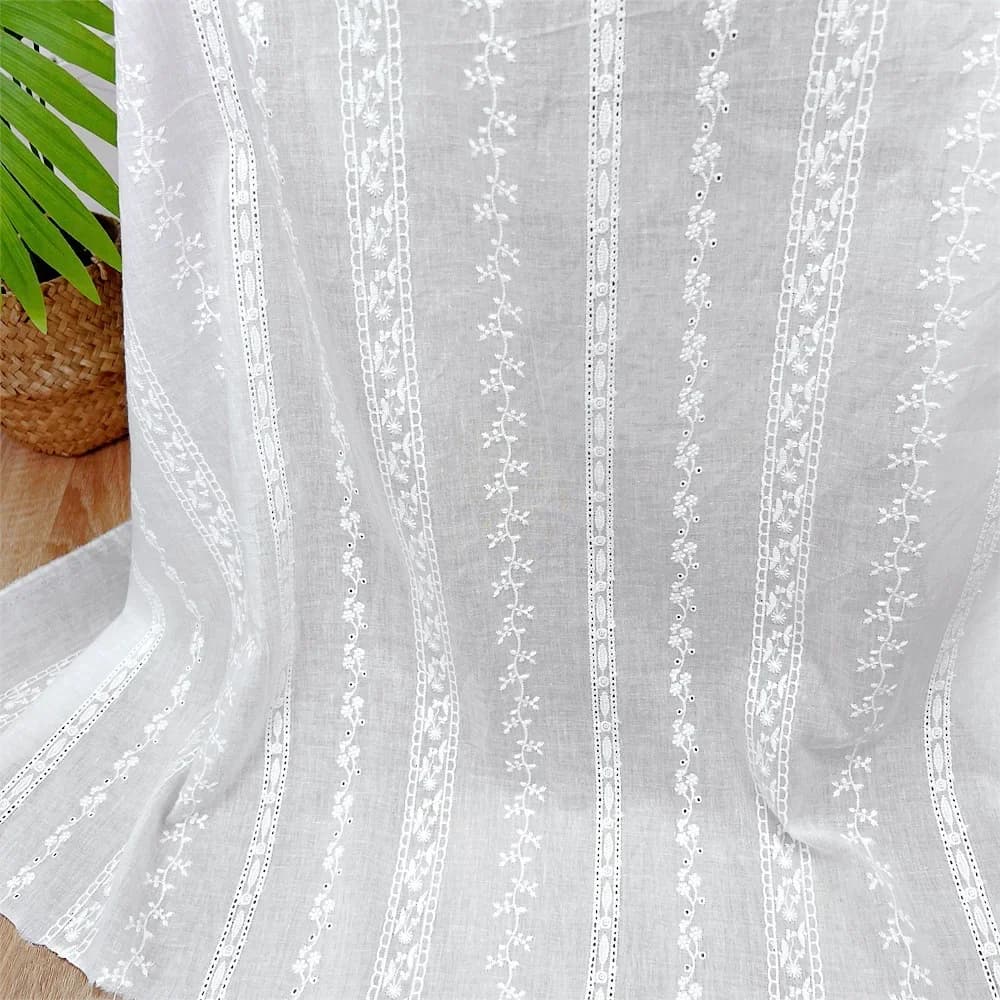 2Yards 130cm Width White Pure Cotton Hollowed-out Embroidered Fabric, Water-soluble Shirt Cotton and Skirt Fabric BL-369