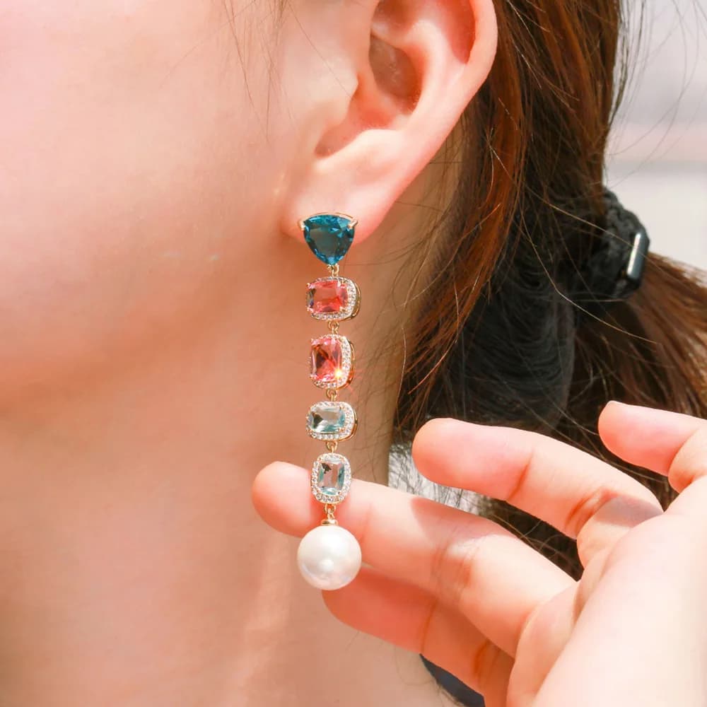 Pera Elegant Dangling Square Shape Link Blue Red Cubic Zirconia Long Wedding Pearl Drop Earrings for Women Party Jewelry E736