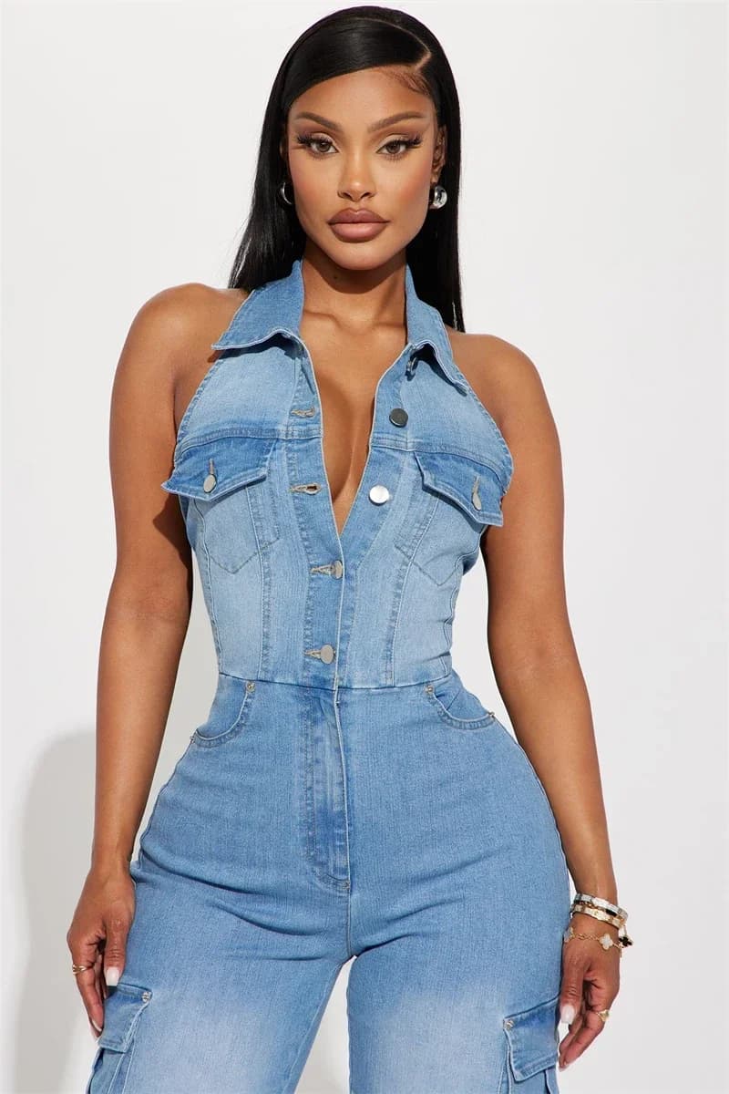 Streetwear Jean Suit Women's Summer Dresses 2025 Sleeveless Backless Halter Denim Pagliaccetti Tute One Pieces Outfit