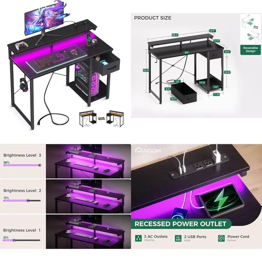 Scrivania da gioco con luci a LED e presa di corrente, scrivania per computer da 40 pollici con cassetto, piccola scrivania reversibile con supporto per monitor e testata