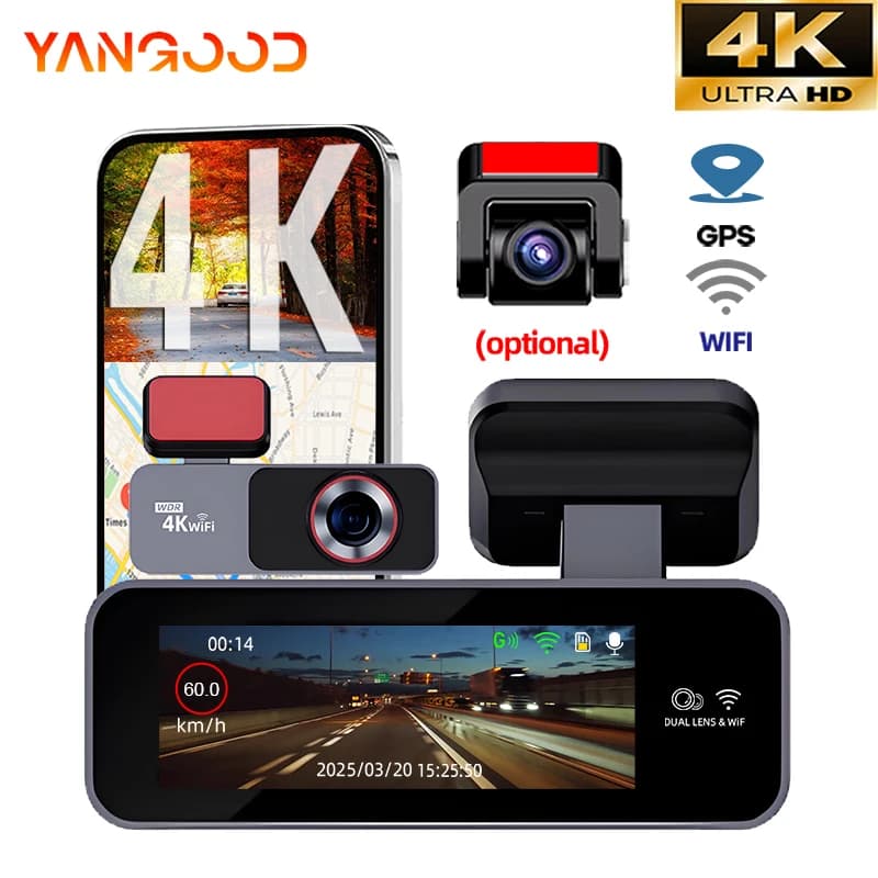 Yangood Dashcam 4K Ultra HD DVR Guide Recorder with Night Vision, GPS/WiFi Support and 24H Parking Monitor