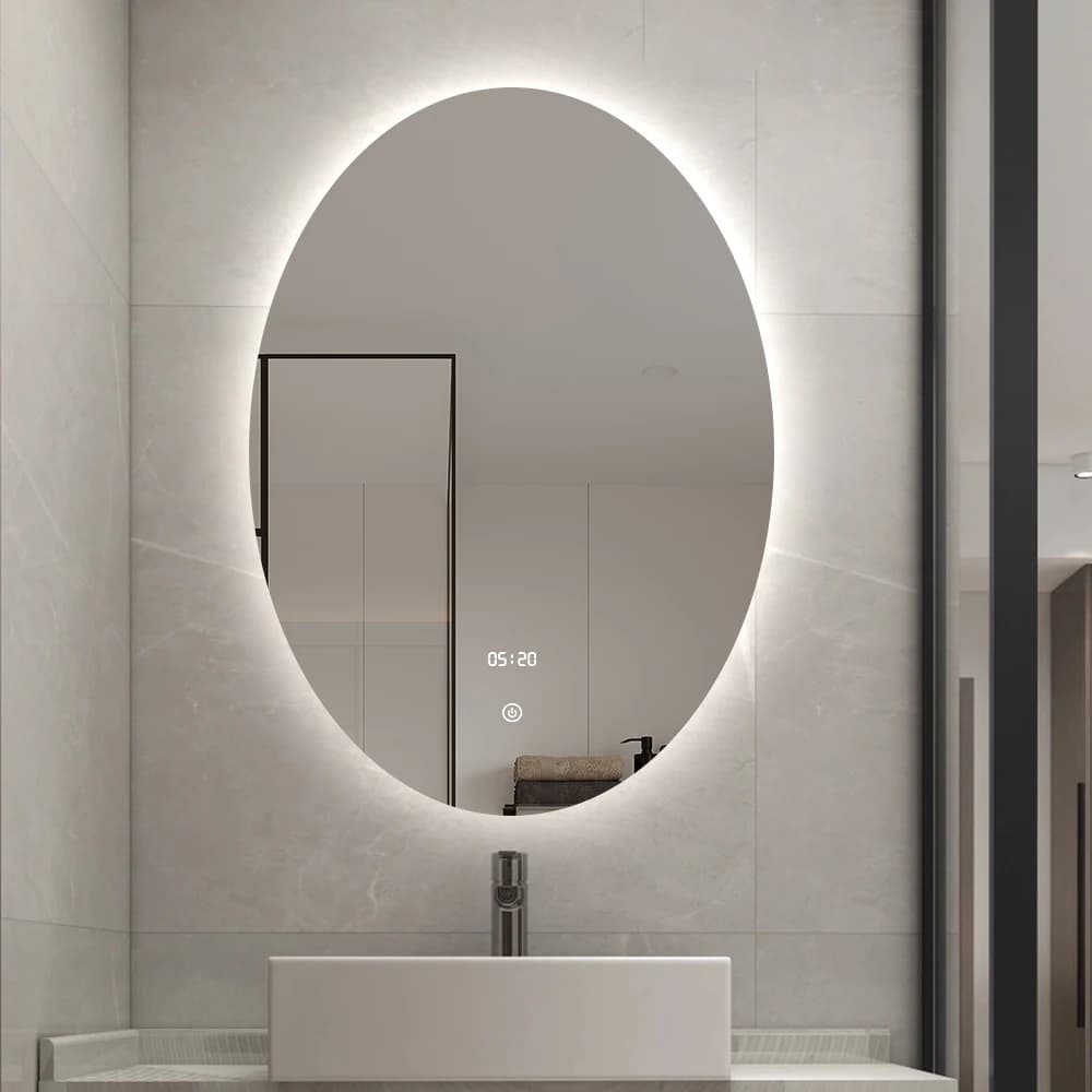 Specchio da bagno dimmerabile a forma di pillola a LED di lusso moderno senza cornice con illuminazione intelligente personalizzata antiappannamento con interruttore a sensore tattile