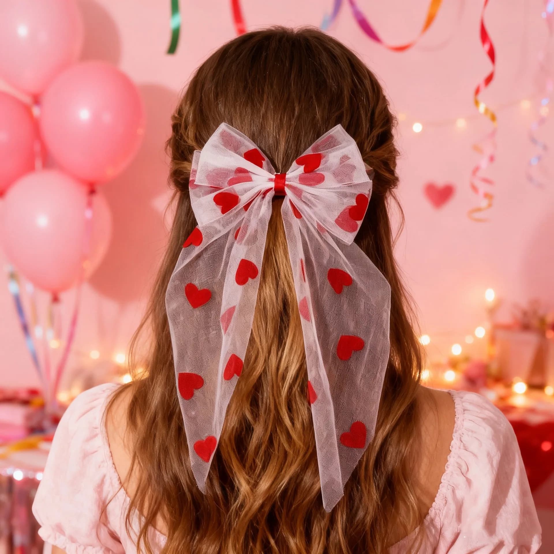 1 Valentine's Day Love Mesh Large Bow Hair Accessory, Girl's Heart Hair Clip Accessory, Versatile Daily, Exquisite and Elegant