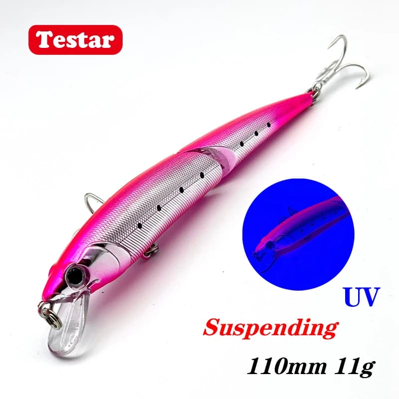 110 millimetri 11g Testar Richiamo di Pesca Due Snodati UV Minnow Long Casting Sospeso Minnow Esca Laser Artificiale Jerkbait per Luccio Bass
