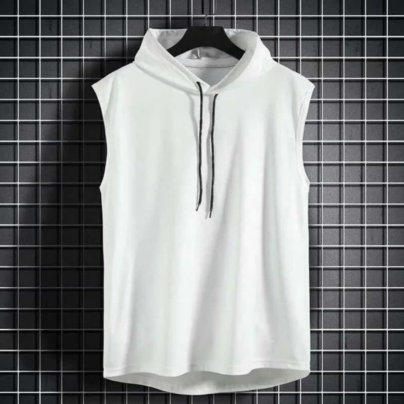 Fashionable 2026 men's summer t-shirt with sleeveless hood, sleeveless men's sports sweatshirt with quick drying cap, men's sports vest