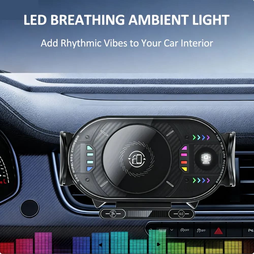 Support for folding phone/per fixed screen by car, with air vent, wireless charger, electric RGB environmental light, operation with one hand