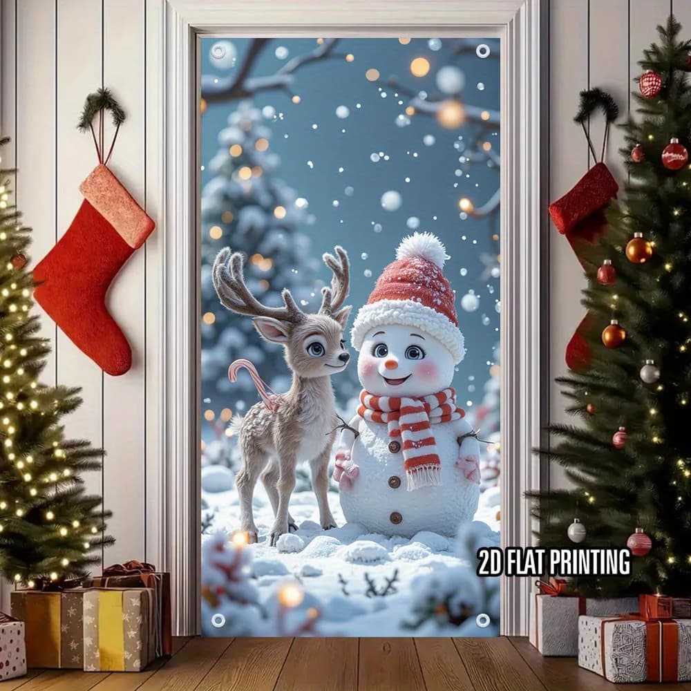 2D Door Curtain Banner, 1 Snowman & Reindeer Christmas Door Decor - Face Printed Polyester Hanging Decor for Porch