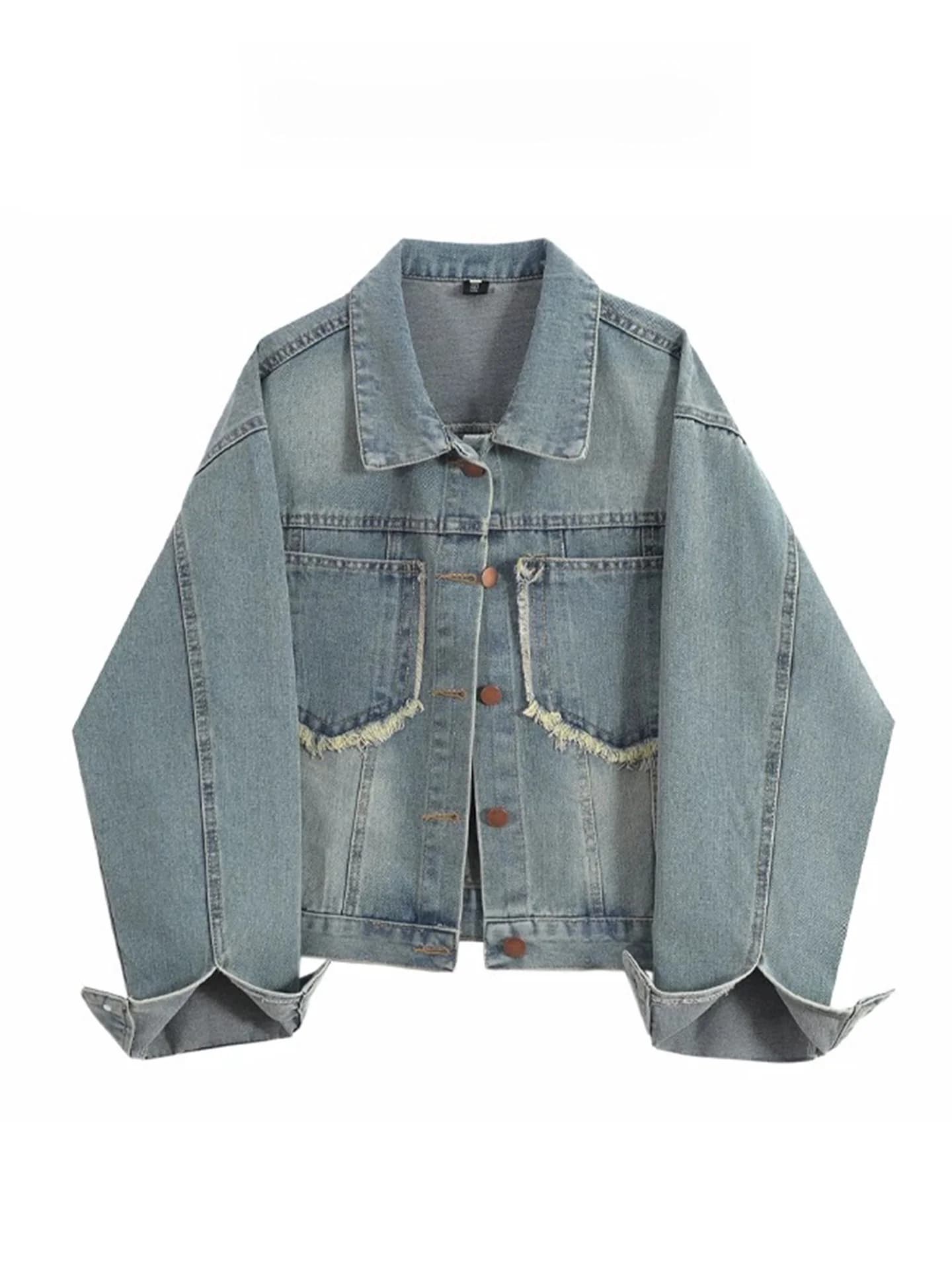 Retro Frayed Hem Denim Jacket Women's Loose Collar Short Style Spring Autumn New Design Casual Fashion Ladies' Top