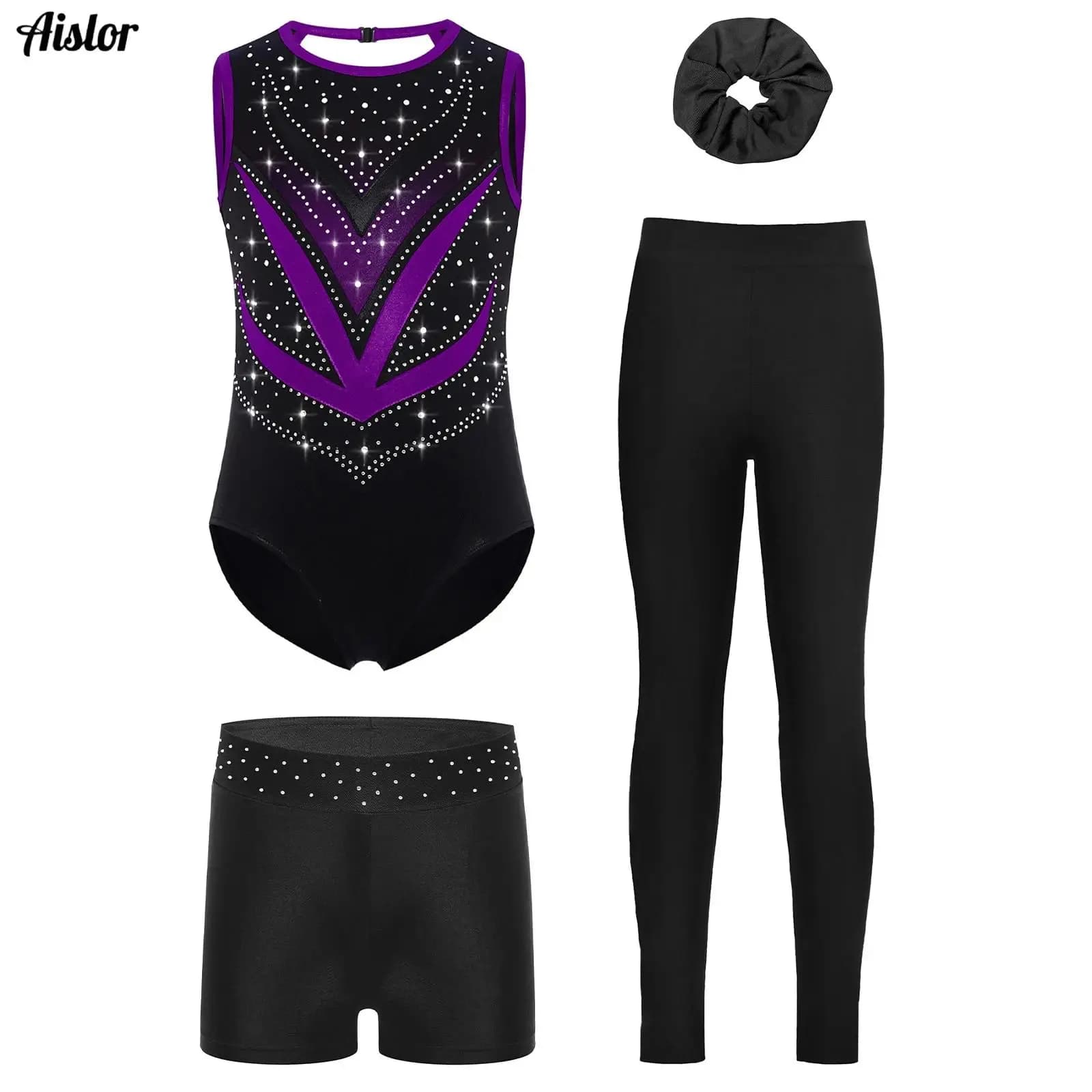 4Pcs Kids Girls Gymnastics Outfit Sleeveless Crisscross Back Mesh Patchwork Shiny Rhinestones Leotard+Shorts+Leggings+Hairband