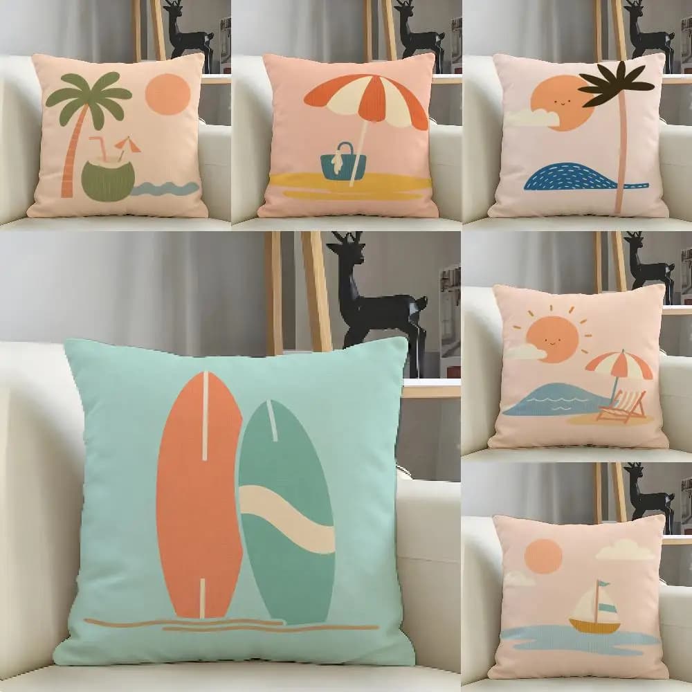 Coastal Beach Theme Cushion Cover Natural Linen Pillow Case Organic Fabric Double Sided Print Sofa Home Decor Gift