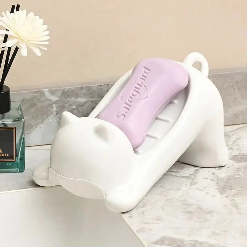 Cute Cartoon Cat Soap Dish with Drainage Plastic Holder for Bathroom Ideal for Soap and Sponges Storage Soap Holde Decorative