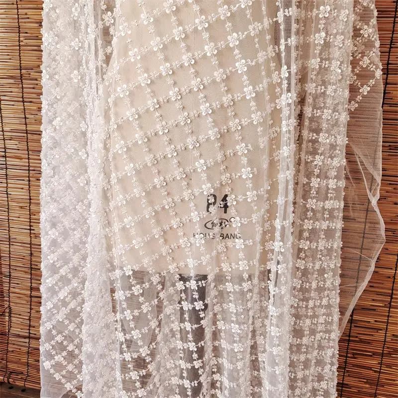 Gonna da 1 metro Abiti da sposa Cucito fai-da-te Tessuto di pizzo Tessuto di maglia con perline di paillettes Tessuto di perle bianche