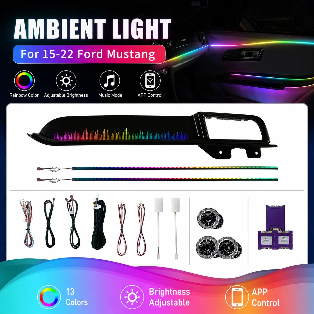Luce ambientale RGB fluida per Ford Mustang 2015-2022, 13 LED, controllo tramite app, kit di illuminazione per il passeggero, striscia LED decorativa al neon per interni.