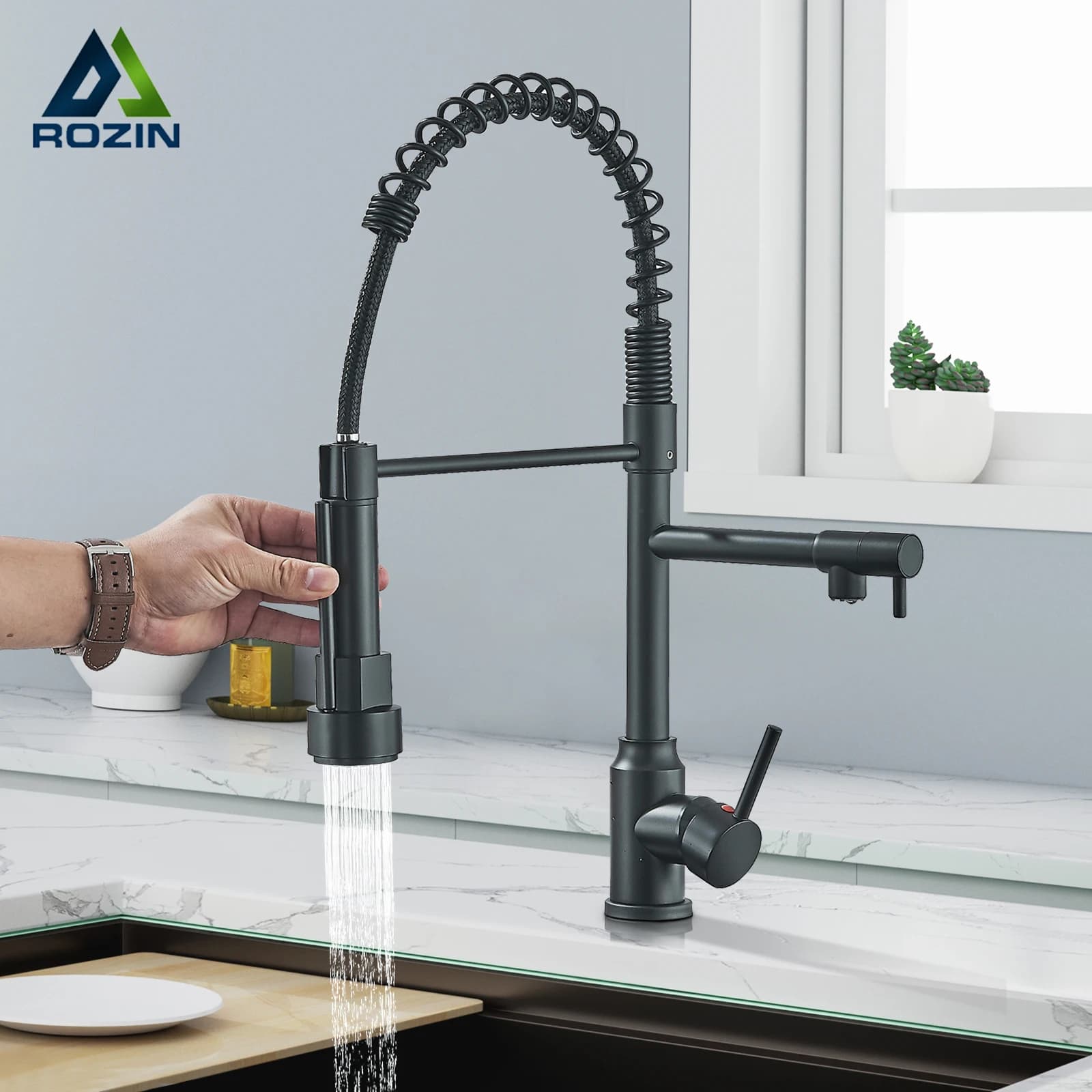 Black kitchen faucet with pull-out spring sprayer Hot & cold water mixer mounted on floor Faucets with double bucket nozzle Gru
