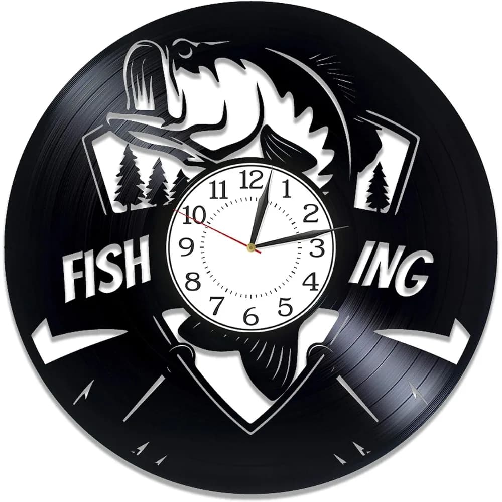Orologio da Parete in Vinile a Tema Pesca 12 Pollici, Idea Regalo Originale per Lui, Amante della Pesca, Decorazione per la Casa