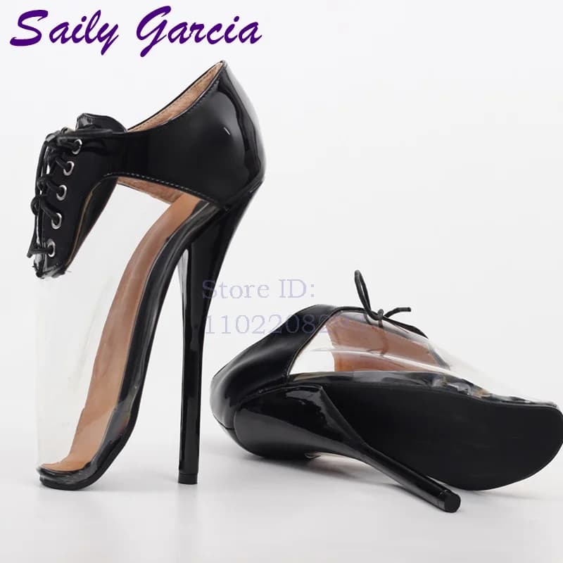 Black Patent Leather Ballet Pumps Clear PVC Peep Toe Lace Up Stiletto High Heel Sandals 2026 Summer New Party Dress Women Shoes