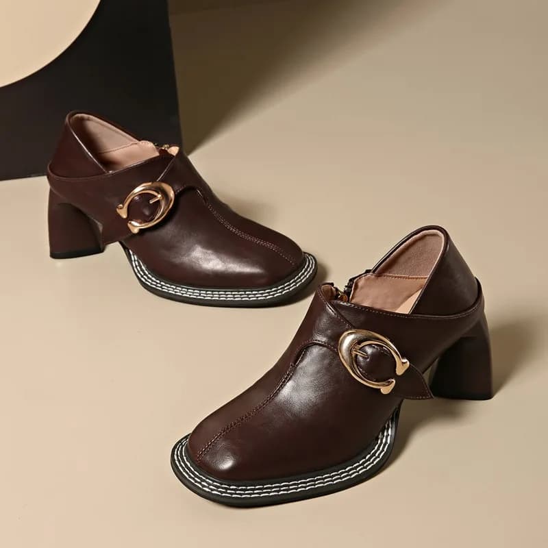 Round Toe Deep Mouth Anti-Slip Wear-Resistant Single Shoes Fashion One Buckle High Heels