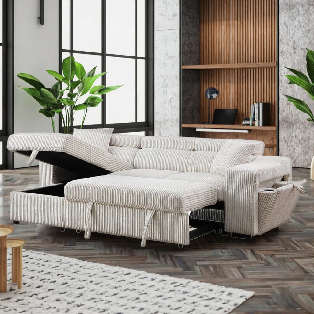 Divano letto reversibile estraibile a forma di L con chaise contenitore, caricabatterie wireless, divano componibile, mobili da soggiorno