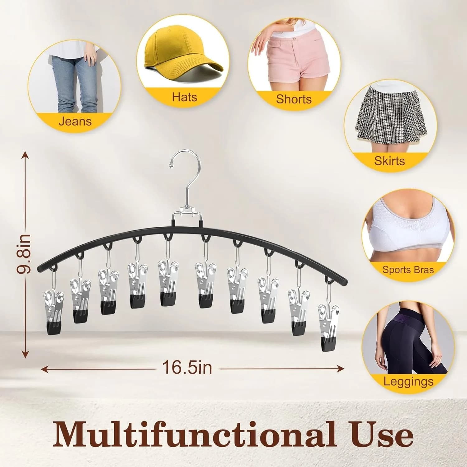 Single Multi-Functional Clip Hanger for Closet Organization, Equipped with 10 Clips to Store Leggings, Socks, Panties and Lingerie