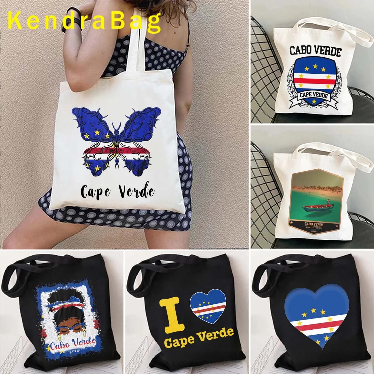 Vintage Travel Cidade Velha Arms of Cape Verde Heart Flag Map Verdean Girl Canvas Shoulder Tote Bag Shopper Reusable Eco Handbag