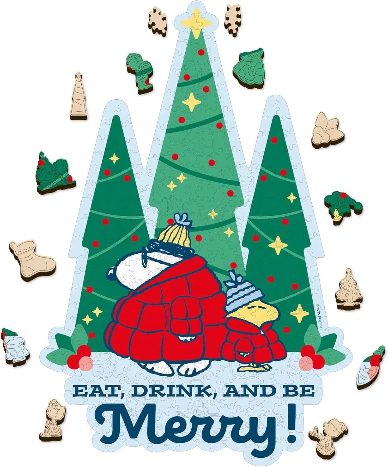 Puzzle con cappotto imbottito di Peanuts Snoopy per adulti - Puzzle in legno a forma di albero di Natale da 300 pezzi, prodotto ufficialmente autorizzato