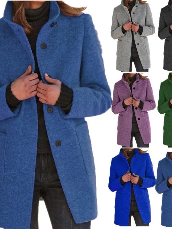 Women's Autumn Winter Woolen Jacket Pure Color Button Stand Collar Retro Style Casual Fit Thickened Cotton Lined Coat