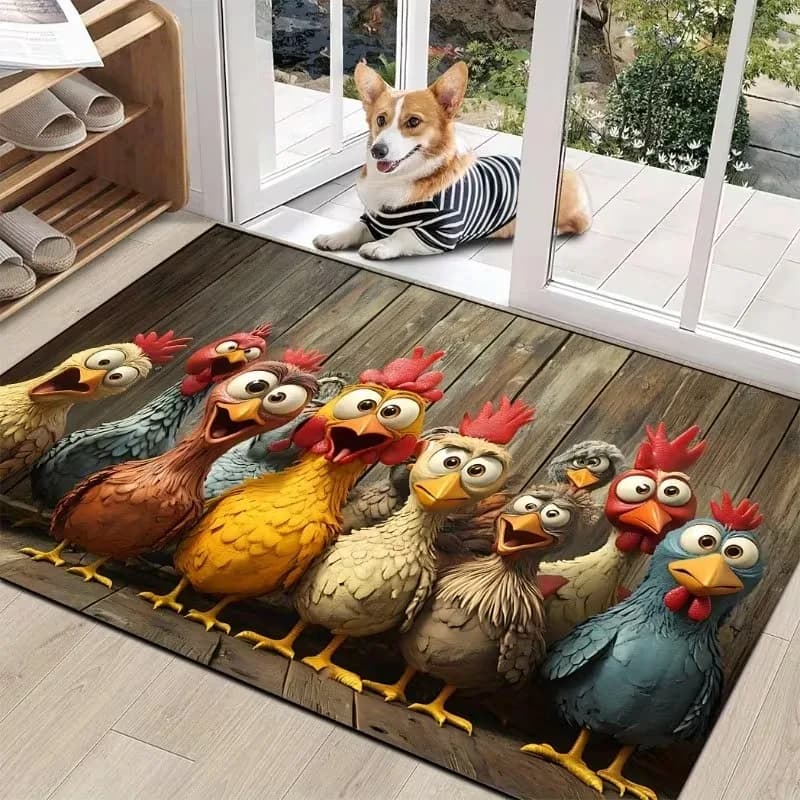 Entrance hall with animated cardboard style chickens pattern on wooden background, rustic style, playful welcome carpet for outdoors