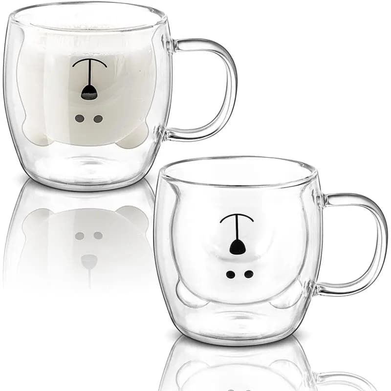A76I-Cute Bear Design 2 Pack Double Wall Insulated Glass Mugs- 8.5 Oz Coffee Milk Beer Cups For Latte, Cappuccino, Americano,Tea