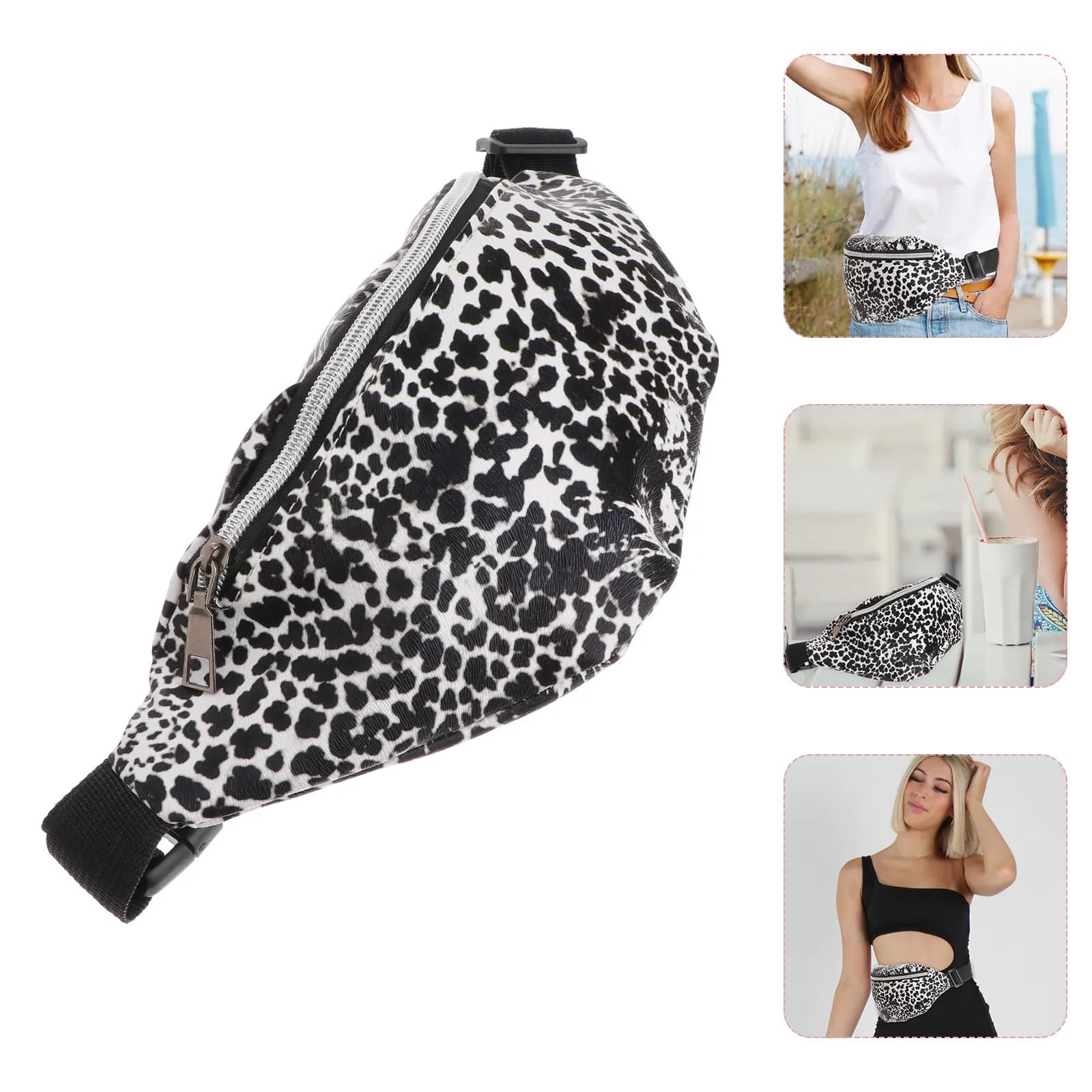 Marsupio with Double Hinge and Leoparded Motive, Adjustable Belt, Lightweight and Fashion, Race Waist for Women, Black and