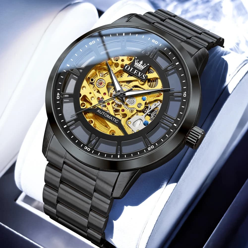 OLEVS Transparent Skeleton Automatic Watch for Men Gold Movement Luxury Brand Black Stainless Steel Mechanical Watches