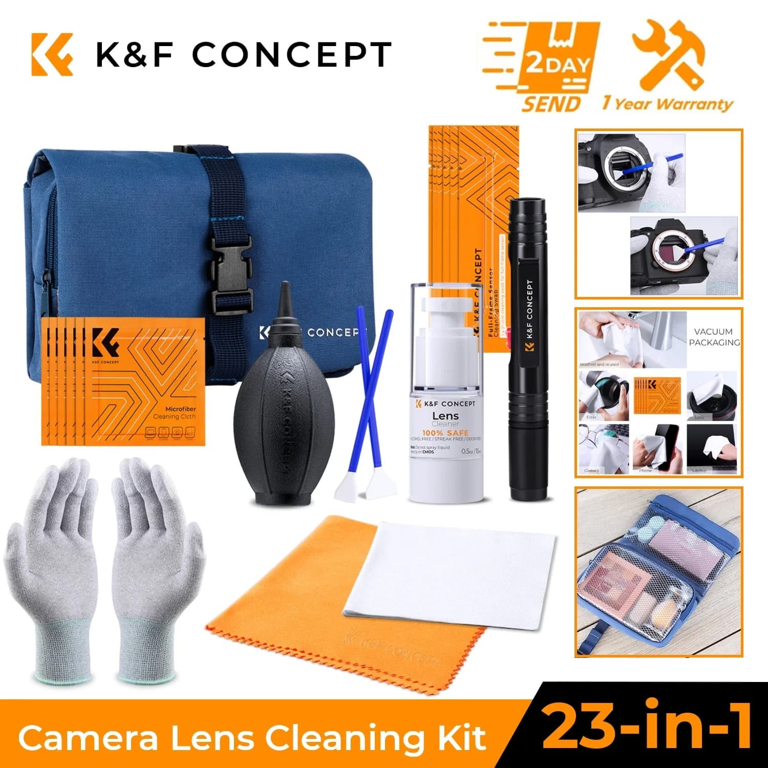 K&F CONCEPT Kit di Pulizia per Fotocamera 23 in 1 con Detergente per Sensore, Tamponi per APS-C e Full-Frame, Soffiatore d'Aria, Spazzola per Lenti, Guanti, Panno per Lenti e Borsa