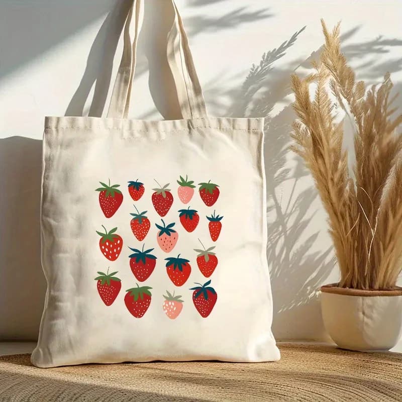 1pc, Women'S Strawberry Print Tote Bag - Reusable Large Capacity Shoulder Bag with Vibrant Red And Green Design, Durable Shoppin