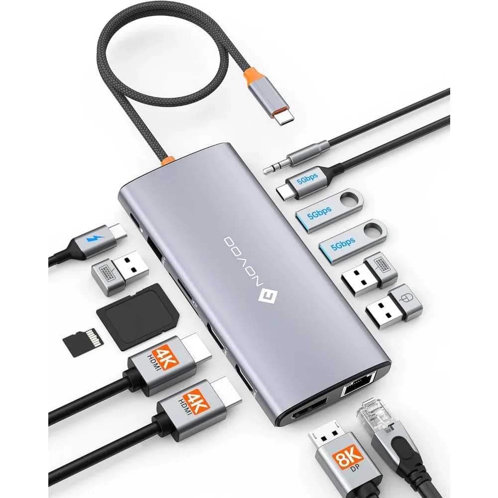Docking station USB C 14 in 1 per laptop, doppio HDMI 4K e 8K DP, ricarica PD da 100 W, Gigabit Ethernet