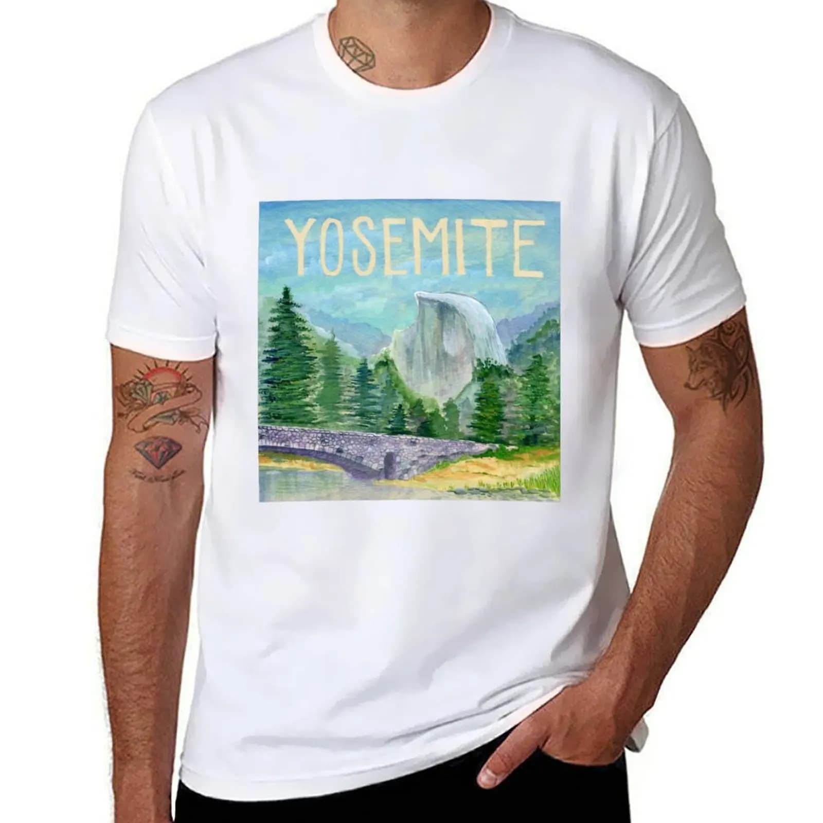 Yosemite Acquerello su Wood Block T-shirt da uomo t-shirt estiva stampata per uomo T-shirt