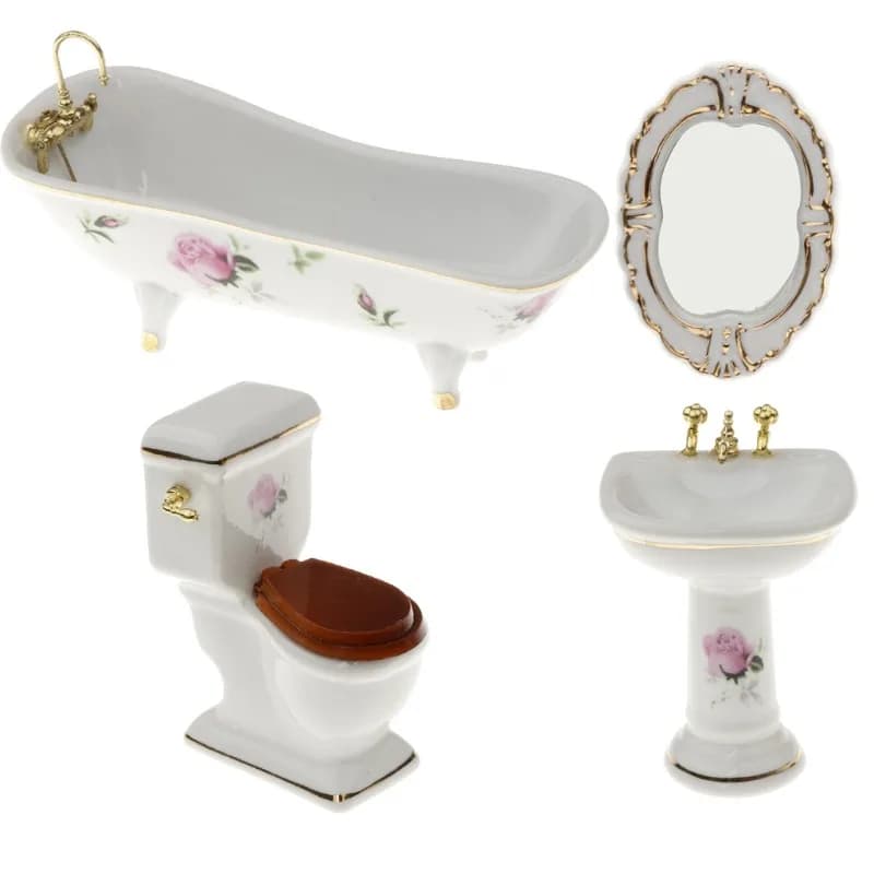 Set Bagno in Ceramica per Casa delle Bambole 1/12, Toilette e Vasca da Bagno, Giocattoli per Bambini, Regalo per Casa delle Bambole