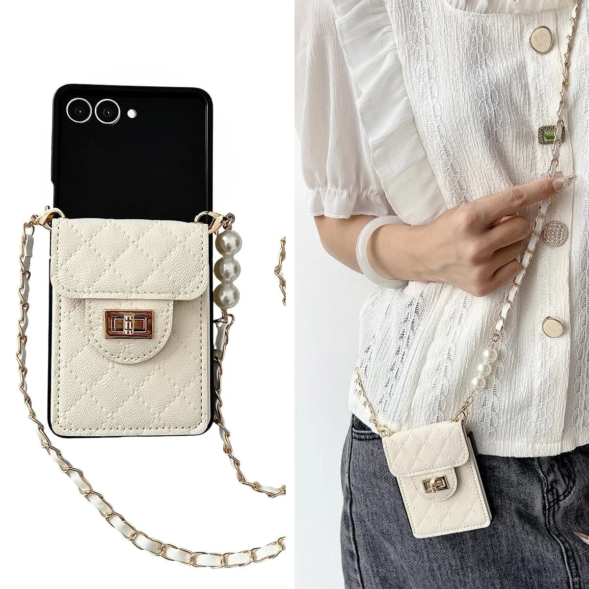 Borsa a tracolla con perla profumata per donna Custodia per telefono a portafoglio con porta carte di lusso per Samsung Galaxy Z Flip 7 6 5 4 3 Cover antiurto