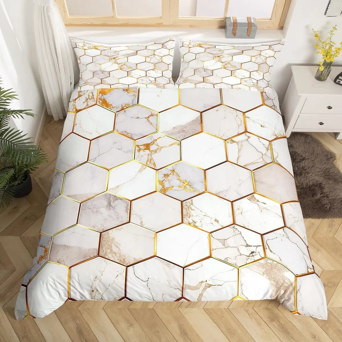Set Copripiumino Geometrico Misura Singola e Matrimoniale, Copripiumino di Lusso con Motivo Marmoreo, Copripiumino Moderno Astratto a Nido d'Ape Esagonale